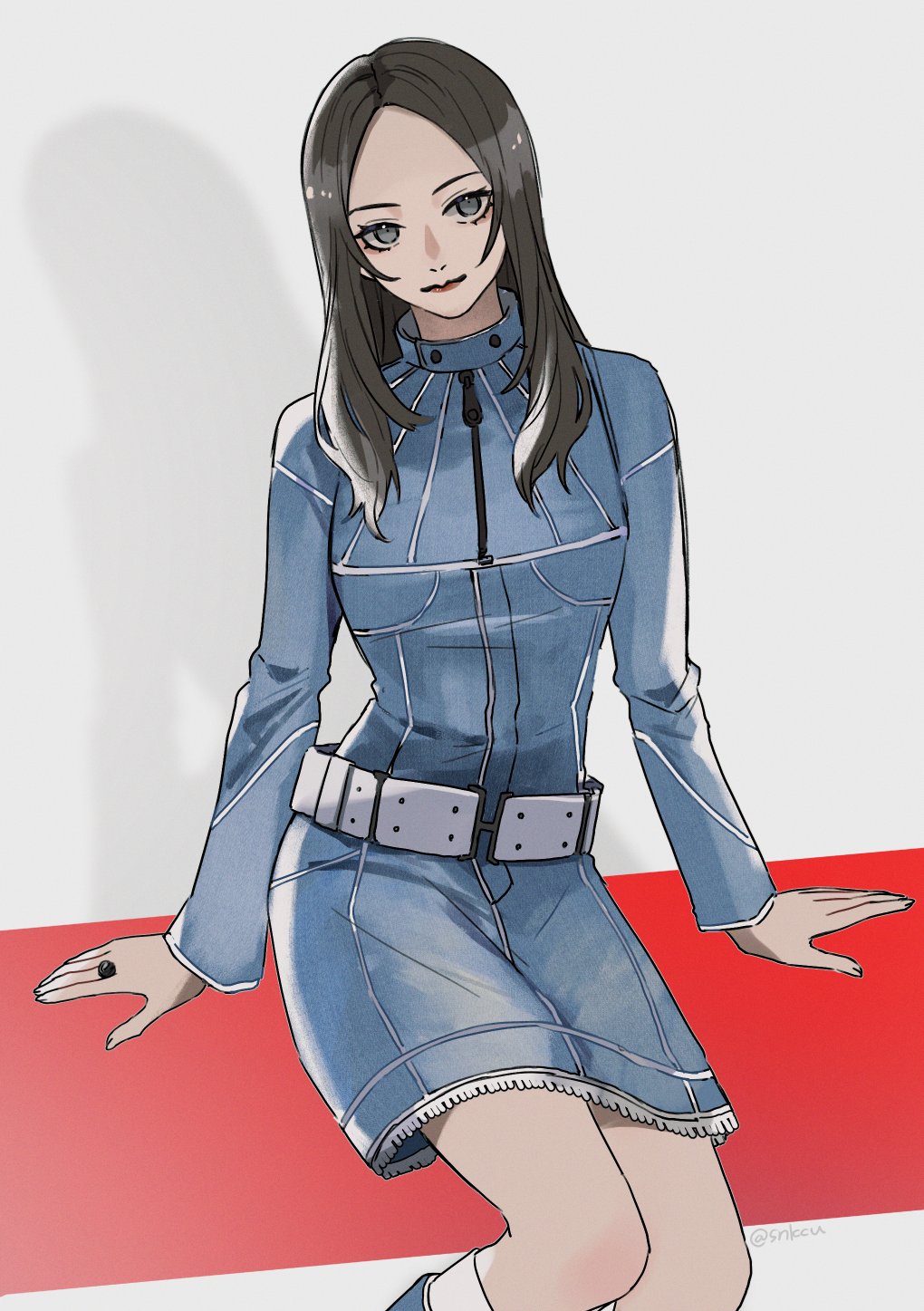 1girl, belt, brown_hair, closed_mouth, denim, denim_jacket, denim_skirt, eyelashes, grey_eyes, highres, jacket, konbanha06, long_hair, looking_at_viewer, shin_megami_tensei, shin_megami_tensei_iii:_nocturne, sitting, skirt, sleeves_past_wrists, smile, solo, tachibana_chiaki_(megami_tensei)