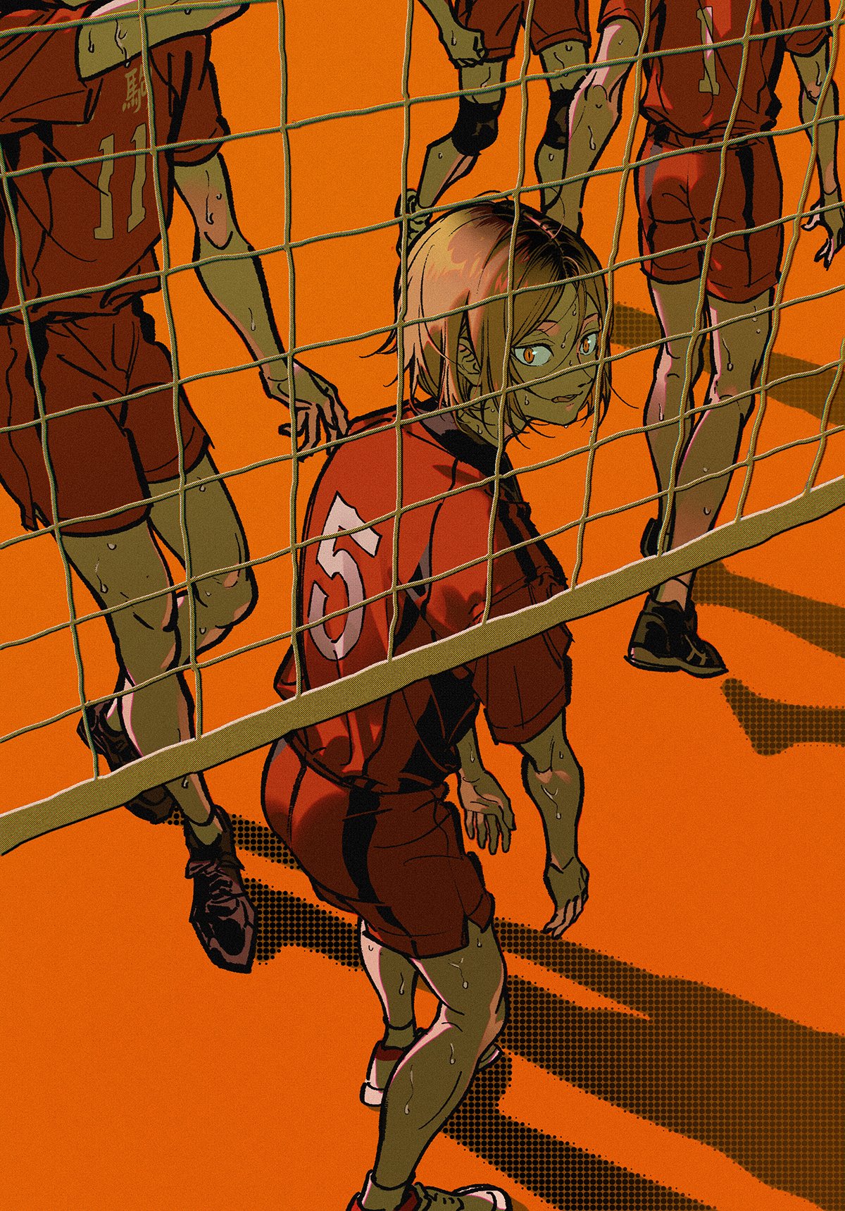 blonde_hair, character_request, full_body, haikyuu!!, hair_between_eyes, highres, knee_pads, kozume_kenma, male_focus, mr_study, multicolored_hair, orange_background, orange_eyes, orange_theme, red_footwear, red_shirt, red_shorts, shadow, shirt, short_hair, shorts, standing, streaked_hair, sweatdrop, two-tone_footwear, volleyball_net