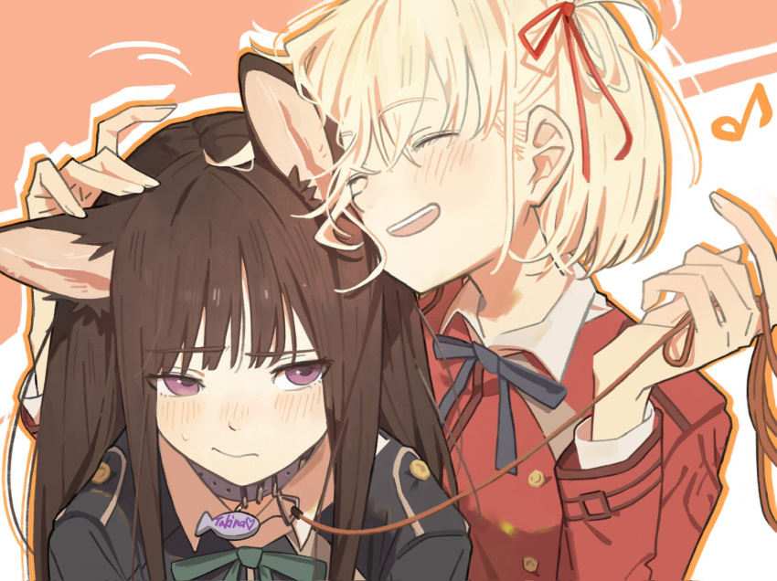2girls, animal_ears, black_hair, blue_dress, blue_ribbon, blush, closed_eyes, closed_mouth, collar, collared_shirt, commentary, dog_ears, dog_girl, dress, dress_shirt, hair_ribbon, hashtag-only_commentary, highres, holding, holding_leash, inoue_takina, kemonomimi_mode, leash, long_hair, long_sleeves, lycoris_recoil, lycoris_uniform, multiple_girls, musical_note, neck_ribbon, nishikigi_chisato, one_side_up, open_mouth, orange_outline, purple_collar, red_dress, red_ribbon, ribbon, shirt, short_hair, sidelocks, sweatdrop, teeth, upper_teeth_only, violet_eyes, white_shirt, yang_miemie_benti, yuri