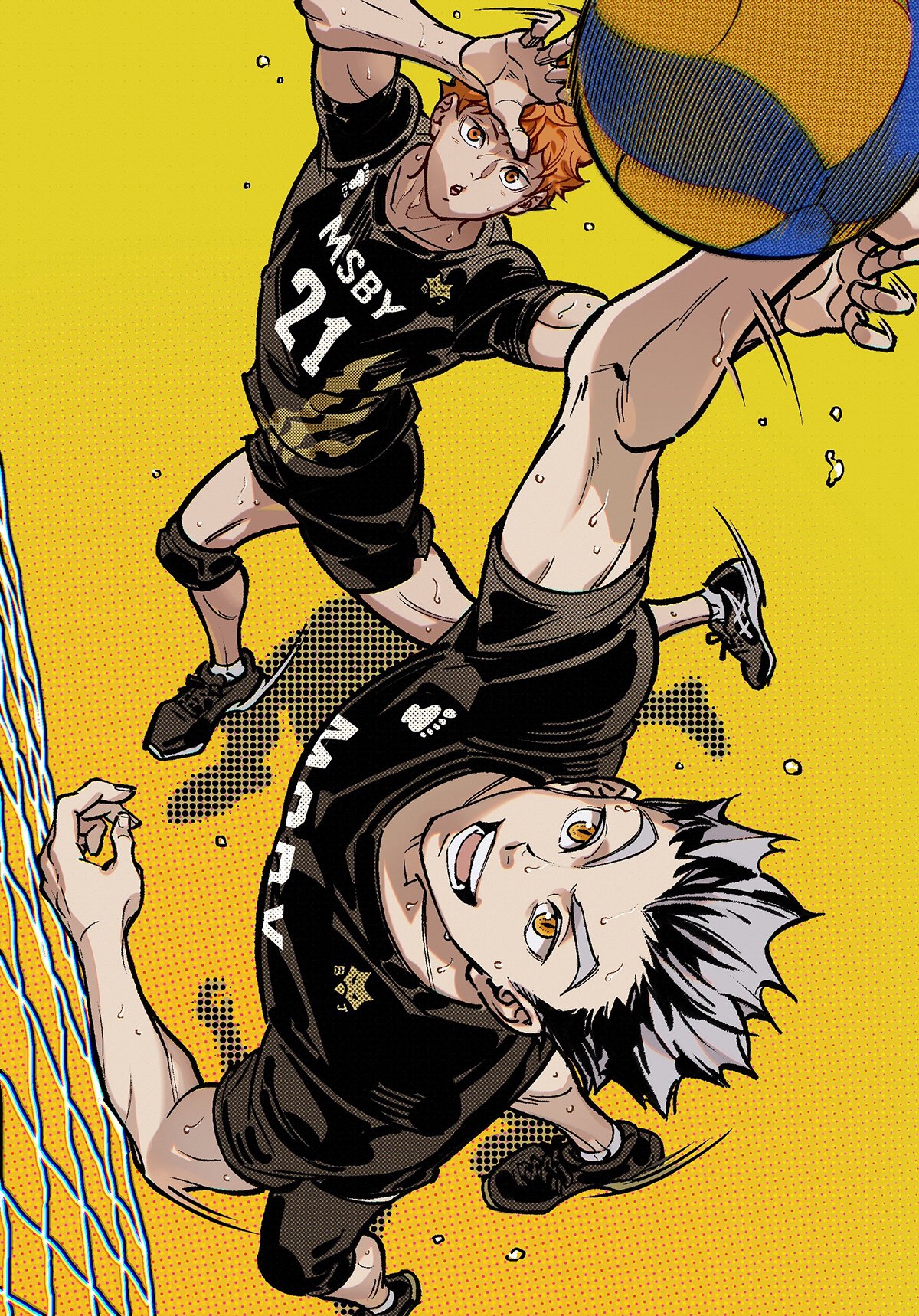2boys, black_footwear, black_hair, black_shirt, black_shorts, bokuto_koutarou, collarbone, dilated_pupils