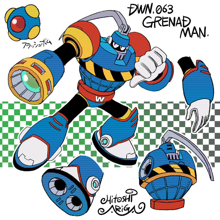 1boy, ariga_hitoshi, arm_cannon, armor, artist_name, ball, belt, black_bodysuit, blue_armor, blue_footwear, bodysuit, bomb, boots, breastplate, character_name, checkered_background, commentary_request, concept_art, diagonal-striped_clothes, explosive, from_behind, full_body, gloves, gradient_background, green_background, grenade_man, helmet, highres, humanoid_robot, joints, knee_boots, lever, light_green_background, looking_ahead, looking_to_the_side, male_focus, mega_man_(classic), mega_man_(series), mega_man_8, mega_man_megamix, multiple_views, no_humans, red_armor, red_belt, red_eyes, reference_sheet, robot, robot_ears, robot_joints, scanlines, shoe_soles, shoulder_armor, signature, simple_background, standing, striped_clothes, three_quarter_view, thumbs_down, translated, turnaround, upper_body, weapon, white_background, white_gloves