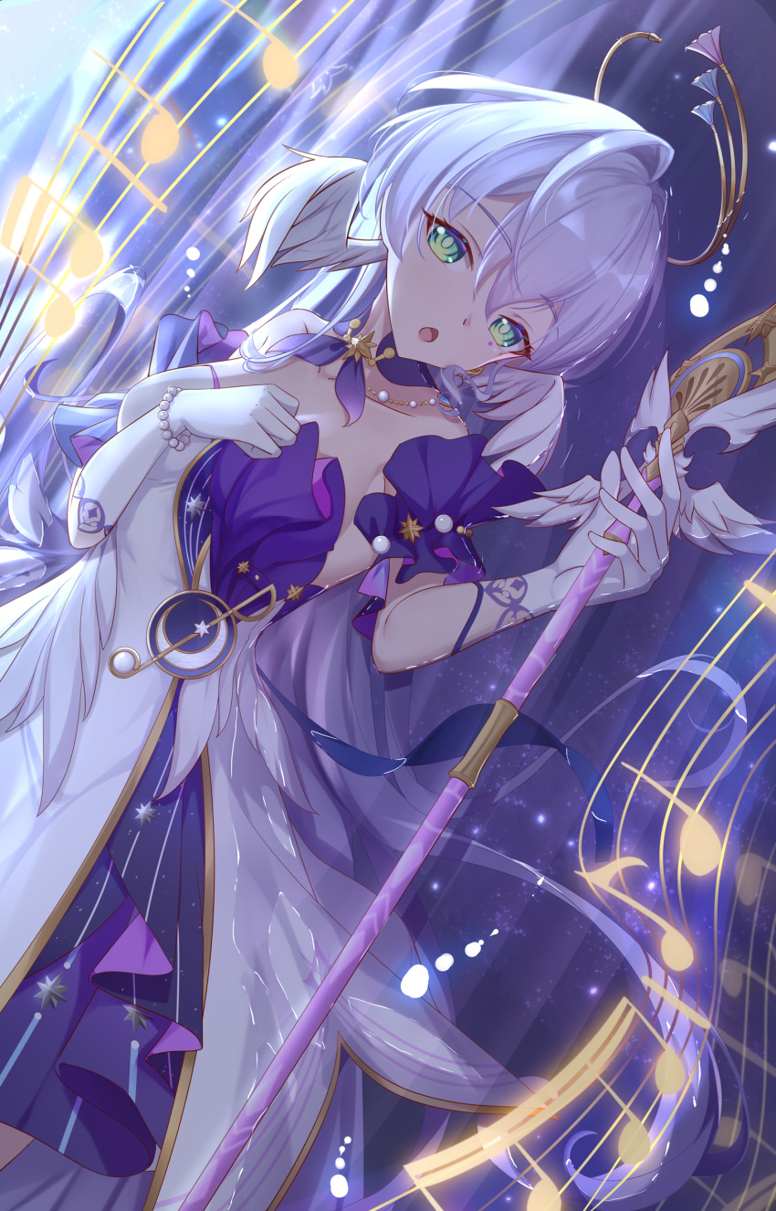 1girl, absurdres, aqua_eyes, asymmetrical_gloves, bracelet, detached_sleeves, dress, earrings