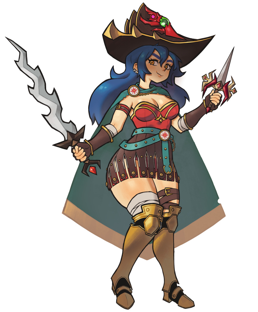 1girl, absurdres, armored_boots, bandages, blue_hair, boots, breasts, cape, chain, commentary, commission, dagger, dang_(runescape), duellist's_cap_(tier_6), earrings, eduedude, english_commentary, fingerless_gloves, full_body, gloves, gold_chain, green_cape, hat, highres, holding, holding_dagger, holding_knife, holding_weapon, jewelry, knife, leotard, long_hair, long_sword, medium_breasts, old_school_runescape, original, red_leotard, runescape, simple_background, smile, solo, standing, thick_eyebrows, weapon, yellow_eyes