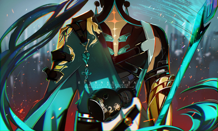 1boy, 1eternalstar, absurdres, back_cutout, black_pants, black_shirt, chromatic_aberration, clothing_cutout