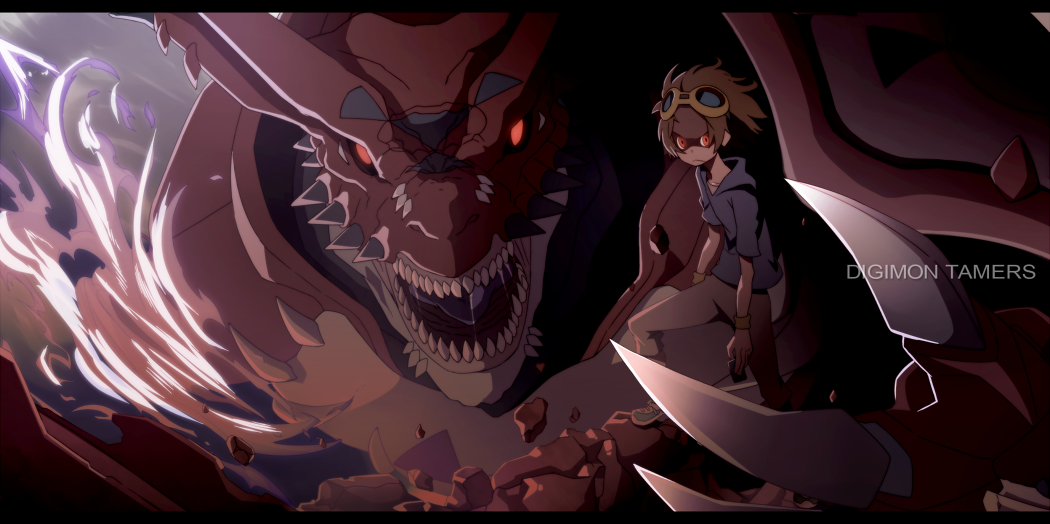 claws, digimon, digimon_tamers, dragon, fangs, glowing, glowing_eyes, goggles, goggles_on_head, hajime_(hajime-ill-1st), male, matsuda_takato, megidramon, monster, raglan_sleeves, red_eyes