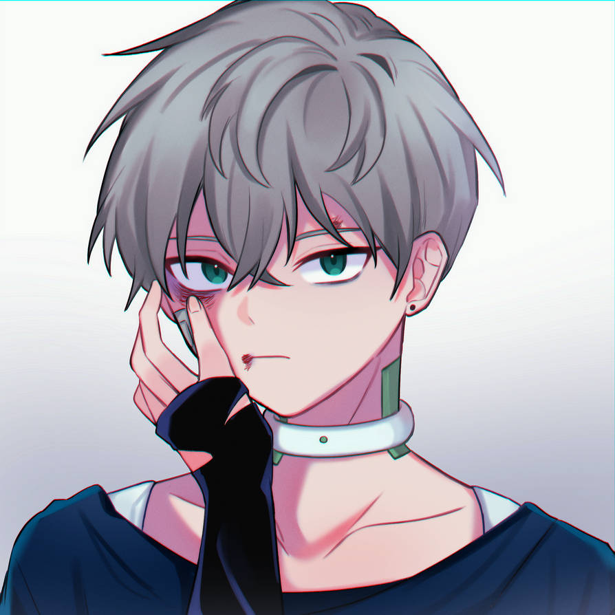 2boys, alien_stage, bandaid, bandaid_on_face, blood, bruise, bruised_eye, choker, green_eyes, grey_hair, hand_up, injury, long_sleeves, looking_at_viewer, male_focus, mokapome, multiple_boys, pov, pov_hands, simple_background, sleeves_past_wrists, solo_focus, till_(alien_stage), white_background, white_choker