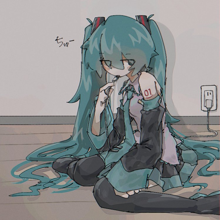 1girl, aqua_eyes, aqua_hair, aqua_necktie, black_footwear, black_skirt, black_sleeves, blush