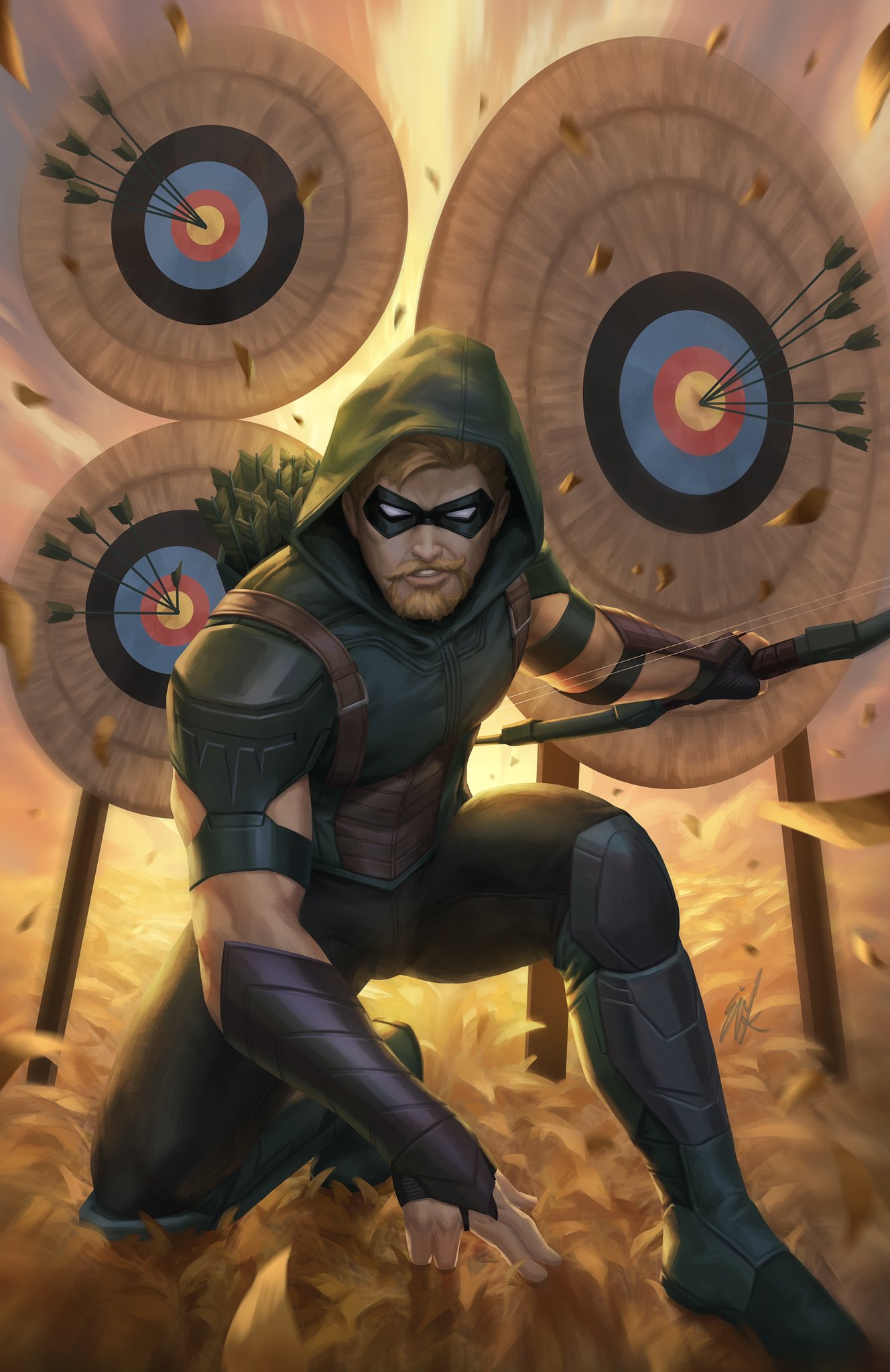 1boy, arrow_(symbol), beard, black_mask, blonde_hair, bodysuit, boots, bow_(weapon), dc_comics, domino_mask, ejikure, facial_hair, green_arrow, green_arrow_(series), green_bodysuit, green_hood, highres, holding, holding_bow_(weapon), holding_weapon, mask, oliver_queen, on_one_knee, outdoors, solo, sunset, target, weapon