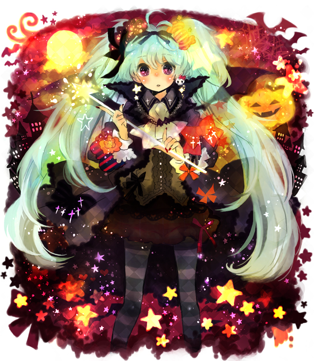 ahoge, aqua_hair, dress, halloween, hatsune_miku, long_hair, mukimuki_mayuge, purple_eyes