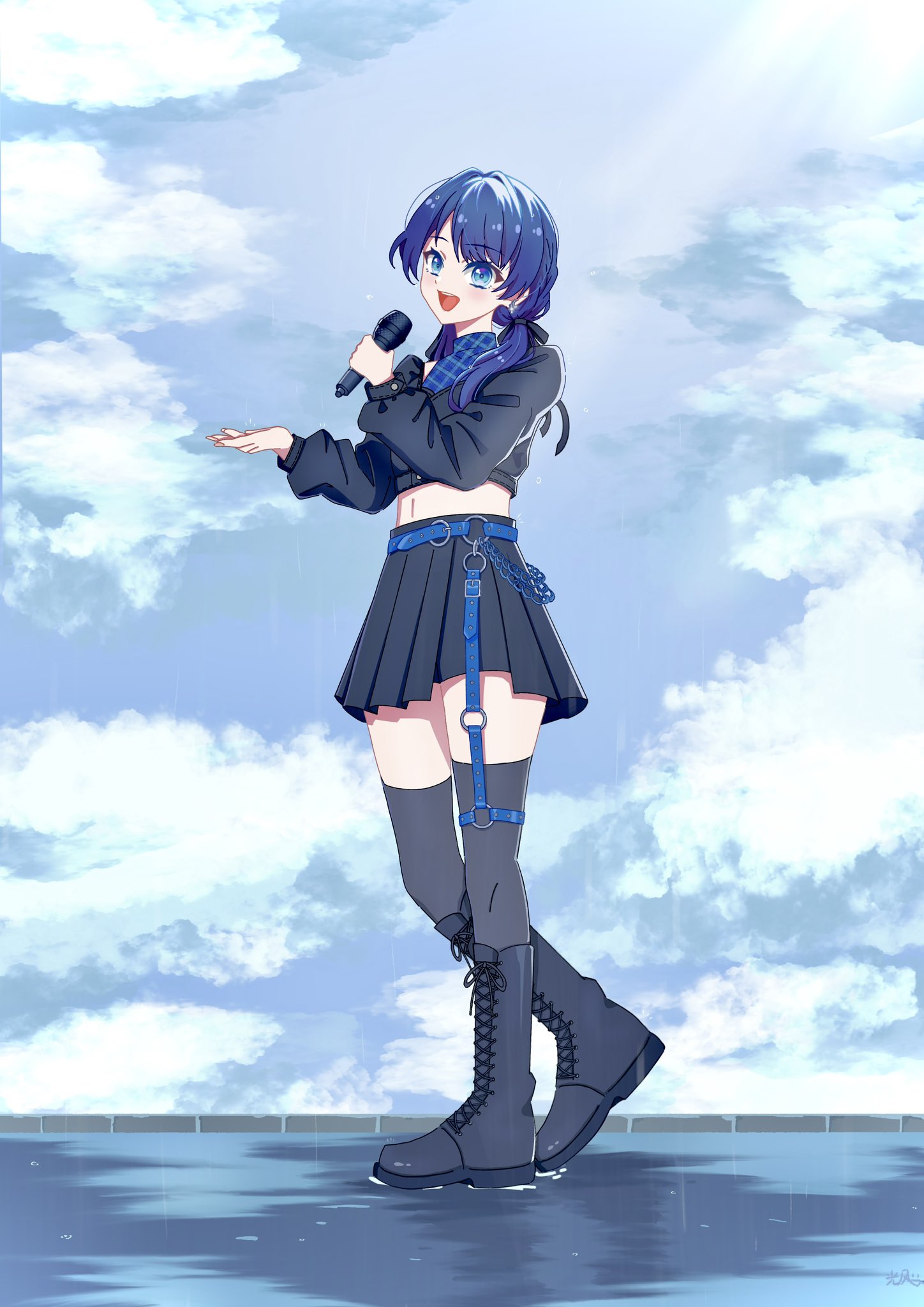 1girl, :d, ankle_boots, black_footwear, black_jacket, black_ribbon, black_skirt, black_thighhighs, blue_eyes, blue_hair, blue_shirt, blue_sky, boots, clouds, commentary, cropped_jacket, cross-laced_footwear, dark_blue_hair, foot_up, full_body, hair_ribbon, hands_up, highres, hikari_wind0919, holding, holding_microphone, jacket, lace-up_boots, link!_like!_love_live!, long_hair, long_sleeves, looking_at_viewer, love_live!, low_twintails, microphone, midriff, miniskirt, murano_sayaka, navel, open_mouth, plaid, plaid_shirt, pleated_skirt, ribbon, shirt, skirt, sky, sleeveless, sleeveless_shirt, smile, solo, standing, teeth, thigh-highs, tragic_drops_(love_live!), twintails, upper_teeth_only