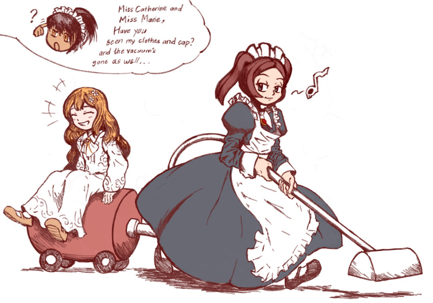 3girls, :o, algro778, apron, black_dress, black_footwear, bloody_marie_(skullgirls), brown_eyes, brown_footwear, brown_hair, catherine_earnshaw, closed_eyes, dark-skinned_female, dark_skin, dress, flower, hair_flower, hair_ornament, highres, limbus_company, long_sleeves, maid_apron, maid_headdress, mary_janes, multiple_girls, musical_note, nelly_(limbus_company), project_moon, shoes, skullgirls, socks, speech_bubble, vacuum_cleaner, white_background, wuthering_heights