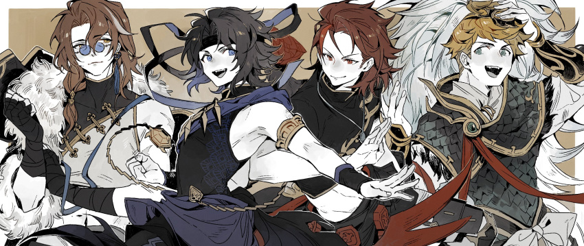 4boys, aqualord's_stoutshell_(granblue_fantasy), armor, bare_shoulders, black_hair, black_shirt, blonde_hair, blue-tinted_eyewear