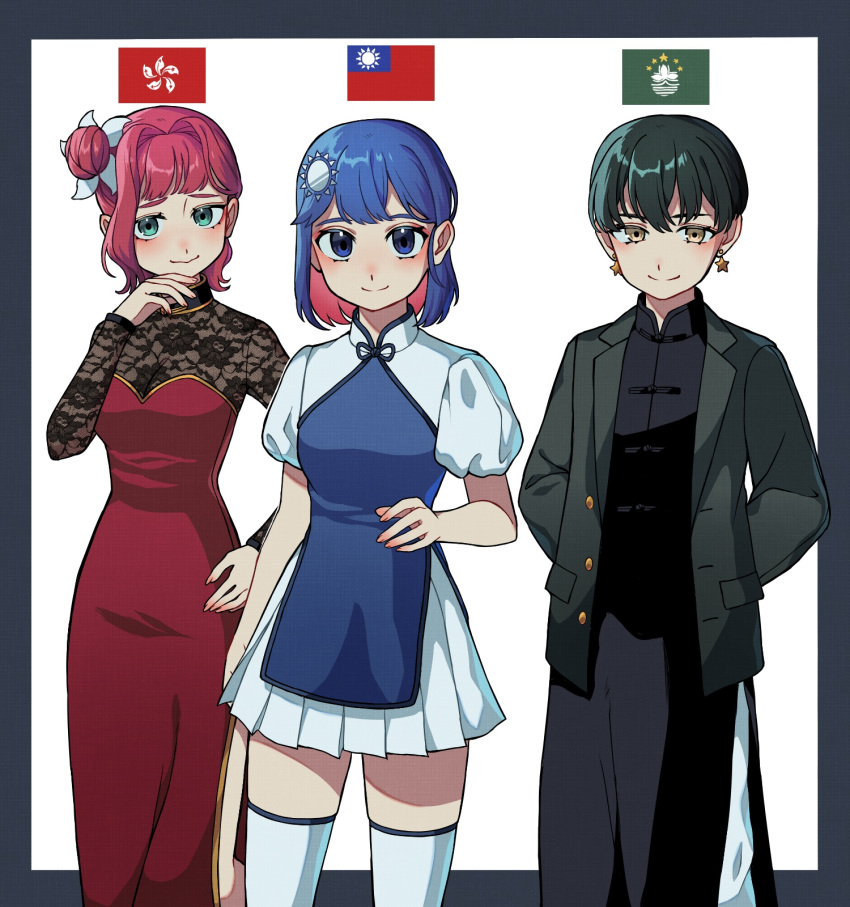 3girls, arms_behind_back, black_dress, blazer, blue_eyes, blue_hair, chinese_clothes, colored_inner_hair