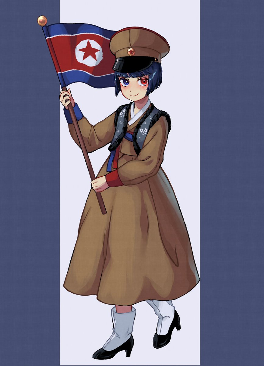 black_footwear, blue_eyes, blue_hair, blunt_bangs, blush, bob_cut, brown_dress, brown_hat, closed_mouth, commentary_request, dress, flag, full_body, hat, heterochromia, high_heels, highres, holding, holding_flag, holding_pole, inverted_bob, korean_clothes, kuroussa, long_sleeves, north_korea_(kuroussa), north_korean_flag, original, peaked_cap, personification, pole, red_eyes, short_hair, smile, standing, white_footwear