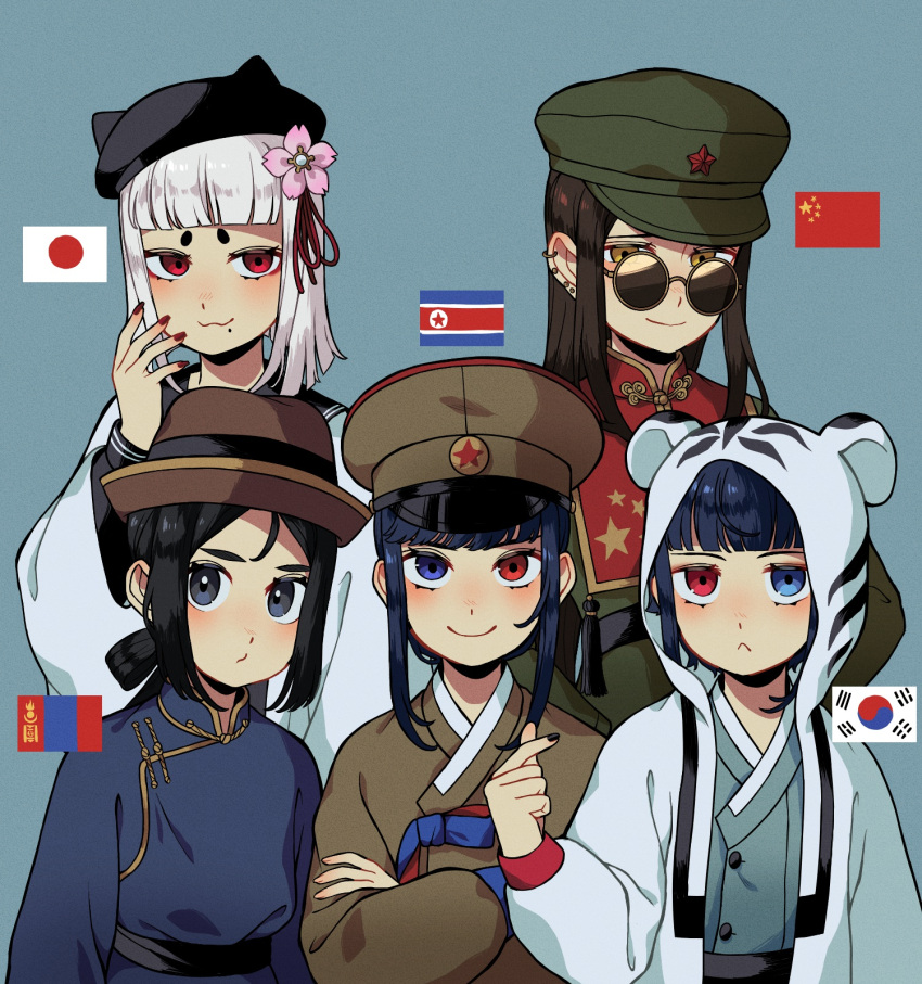 5girls, :3, animal_ear_hood, beret, black_beret, black_eyes, black_hair, black_hat, blue_eyes, blue_hair, brown_hat, china_(kuroussa), chinese_clothes, closed_mouth, commentary_request, crossed_arms, flower, green_hat, hair_flower, hair_ornament, hair_ribbon, hat, heterochromia, highres, hood, hood_up, hooded_jacket, jacket, japan_(kuroussa), japanese_flag, korean_clothes, kuroussa, long_sleeves, looking_at_viewer, mongolia_(kuroussa), mongolian_flag, multiple_girls, north_korea_(kuroussa), north_korean_flag, original, peaked_cap, people's_republic_of_china_flag, personification, red_eyes, red_ribbon, ribbon, round_eyewear, smile, south_korea_(kuroussa), south_korean_flag, sunglasses, white_jacket, yellow_eyes