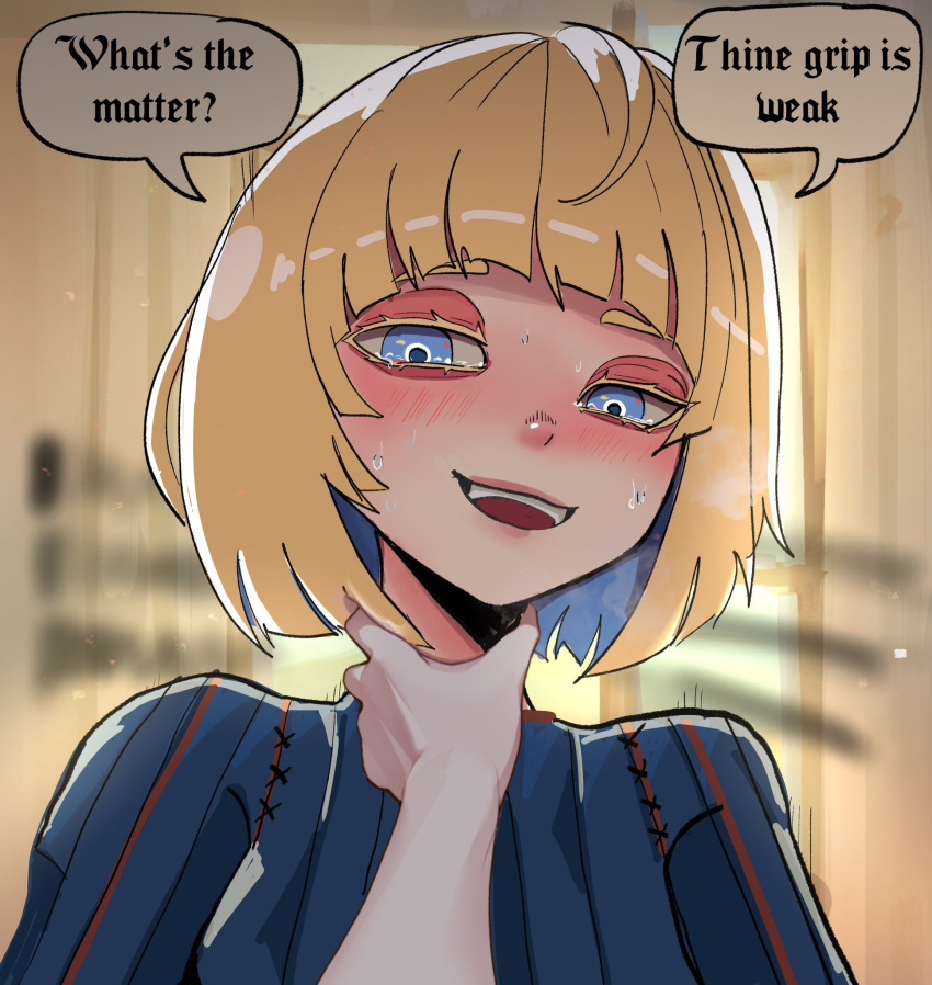 1girl, basedbinkie, blonde_hair, blue_eyes, blue_hair, blue_shirt, blurry, blurry_background