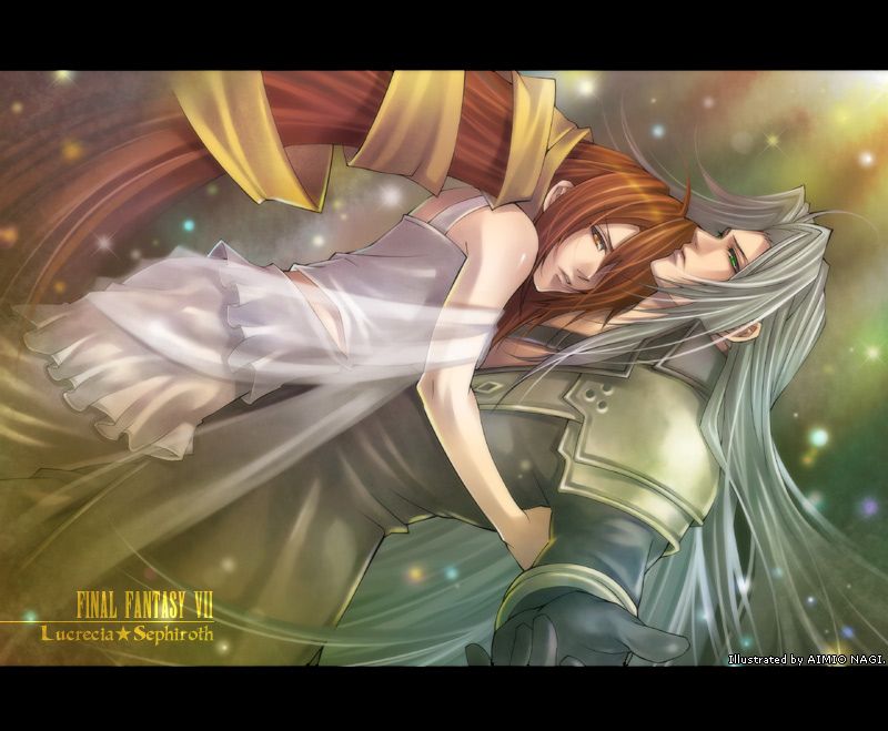 1girl, aimio_nagi, brown_eyes, brown_hair, character_name, final_fantasy, final_fantasy_vii, gloves, green_eyes, hair_over_one_eye, long_hair, lucrecia_crescent, mother_and_son, sephiroth, silver_hair, spoilers, title_drop, very_long_hair