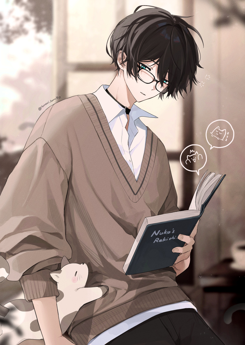 1boy, absurdres, animal, artist_name, black_hair, book, cafe, cat