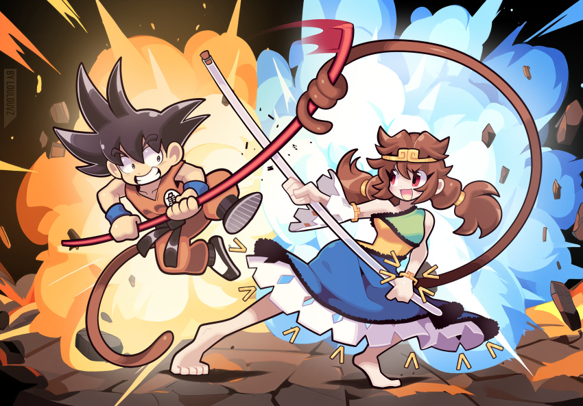 1boy, 1girl, absurdres, brown_hair, character_request, child, clip_studio_paint_(medium), commentary
