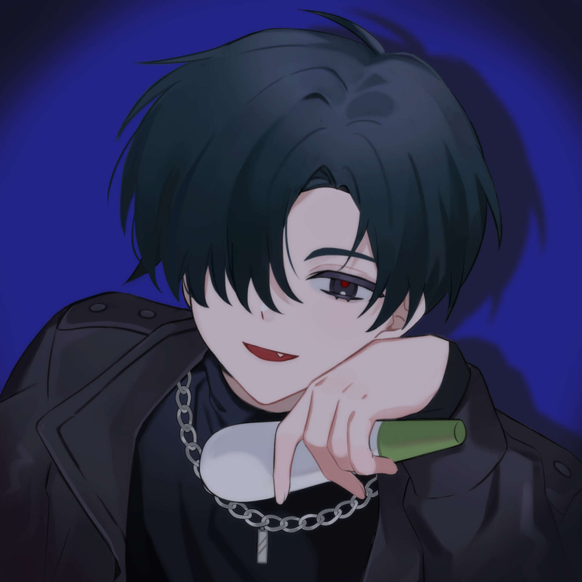1boy, alien_stage, black_coat, black_eyes, black_hair, black_sweater, blue_background, chain