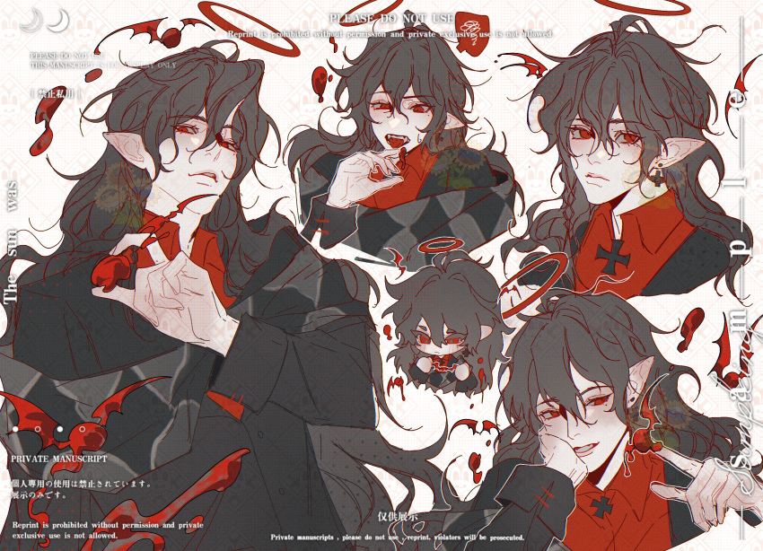 1boy, argyle_background, argyle_clothes, argyle_scarf, between_fingers, bishounen, black_shirt, blood_drop