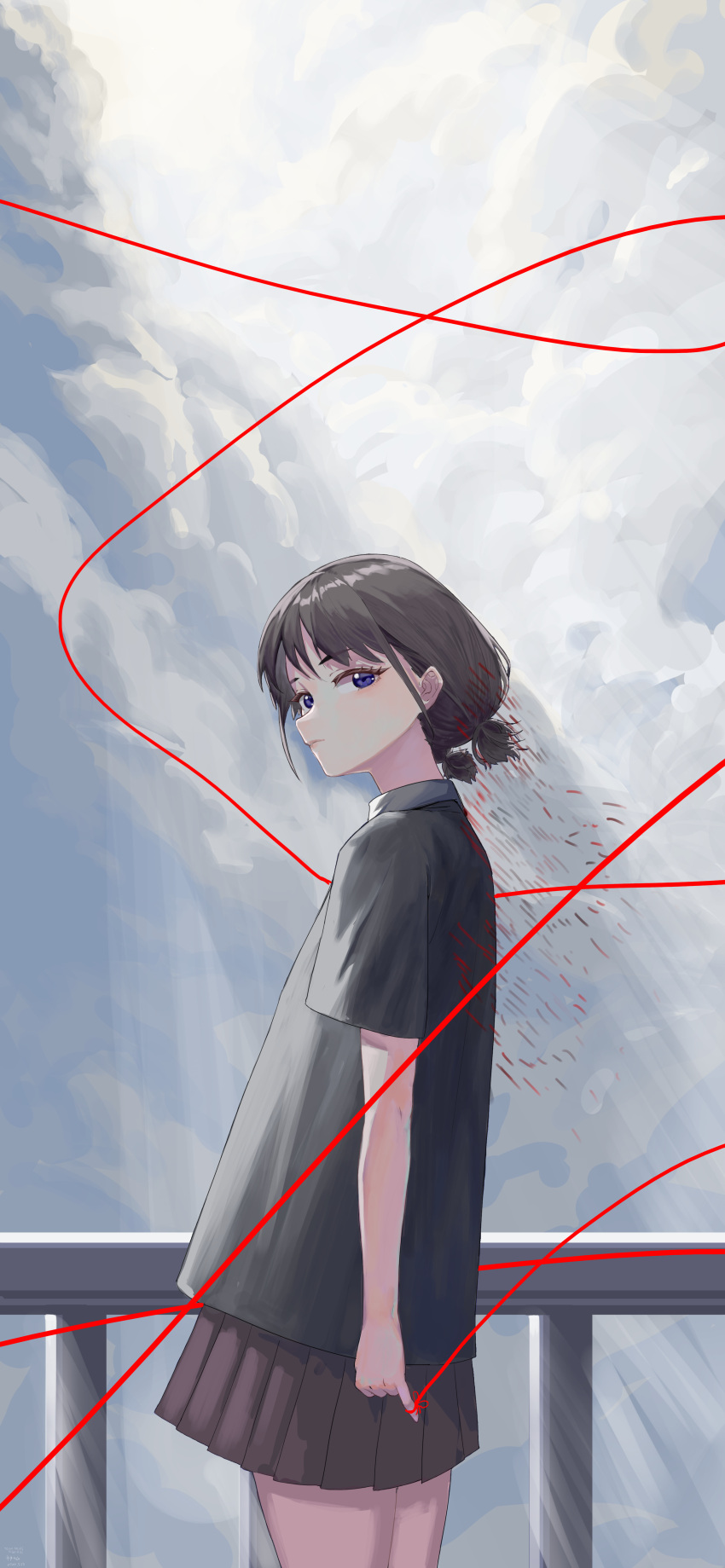 1girl, absurdres, bananabeta, black_hair, black_shirt, blue_eyes, closed_mouth, clouds