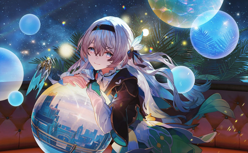 1girl, astral_express_(honkai:_star_rail), black_hairband, black_jacket, bubble, collared_shirt, couch, cropped_jacket