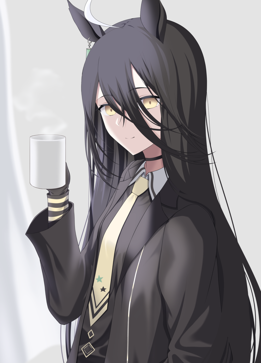 1girl, ahoge, animal_ears, black_coat, black_gloves, black_hair, black_shirt, coat