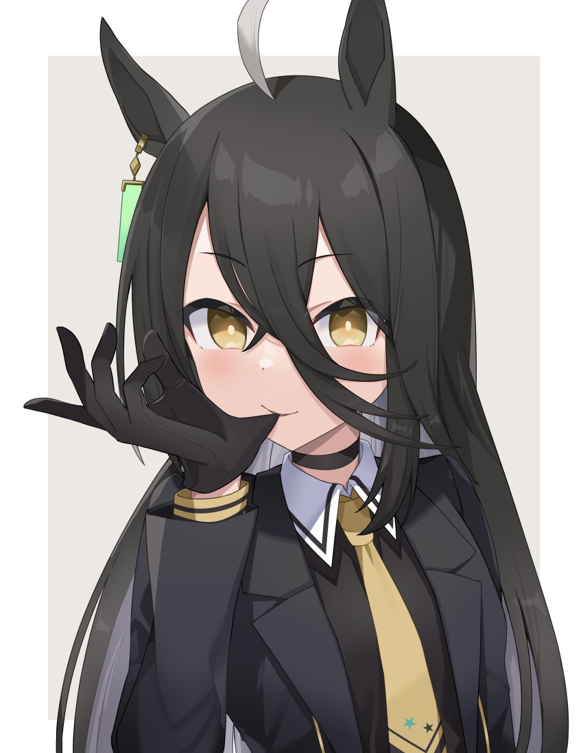 1girl, absurdres, ahoge, animal_ears, biting, black_choker, black_coat, black_gloves