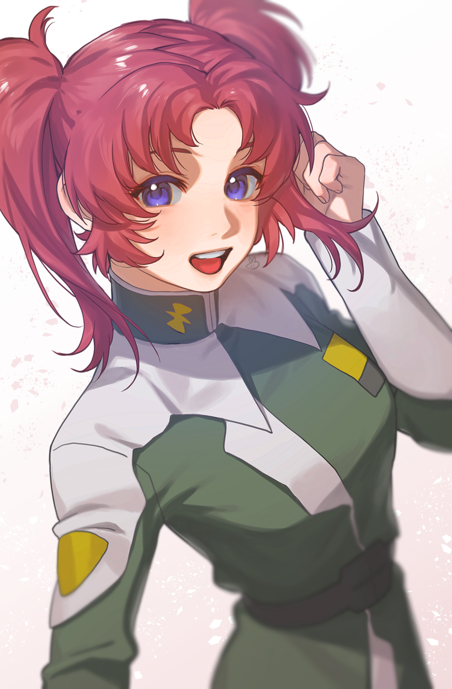 1girl, artist_logo, breasts, commentary_request, green_jacket, gundam, gundam_seed, gundam_seed_destiny, hand_up, highres, jacket, light_blush, long_hair, long_sleeves, medium_breasts, meyrin_hawke, military_uniform, open_mouth, redhead, sidelocks, smile, solo, teeth, twintails, uniform, upper_body, upper_teeth_only, ususio_11, violet_eyes, white_background