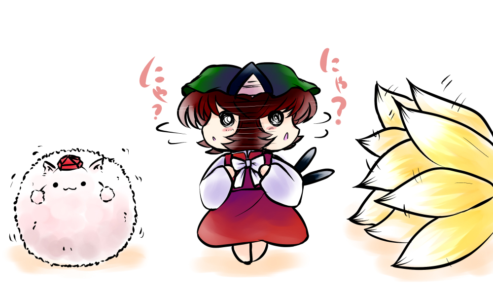 :3, animal_ears, cat_ears, cat_tail, chen, chibi, fox_tail, hat