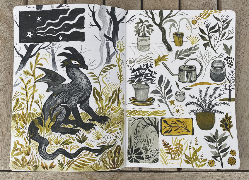 claws, commentary, dragon, dragon_wings, eli_spencer, english_commentary, grass, highres, leaf, on_grass, original, painting_(medium), plant, potted_plant, pottery, shooting_star, tail, traditional_media, tree, watercolor_(medium), watering_can, white_background, wings