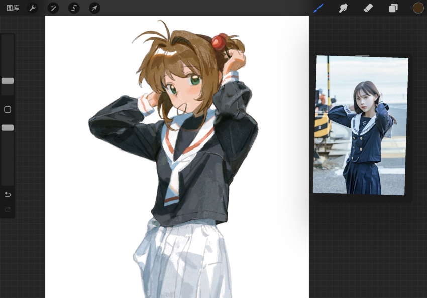 1girl, art_program_in_frame, black_shirt, blush, brown_hair, cardcaptor_sakura, green_eyes, hair_bobbles