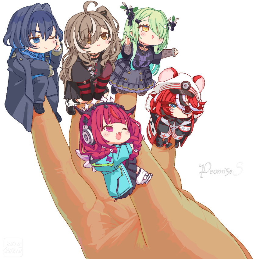 5girls, ahoge, black_skirt, blue_eyes, blue_hair, braid, brown_eyes, brown_hair