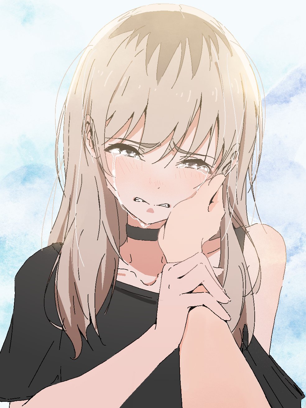 2girls, black_choker, black_shirt, blue_background, choker, commentary, crying, crying_with_eyes_open
