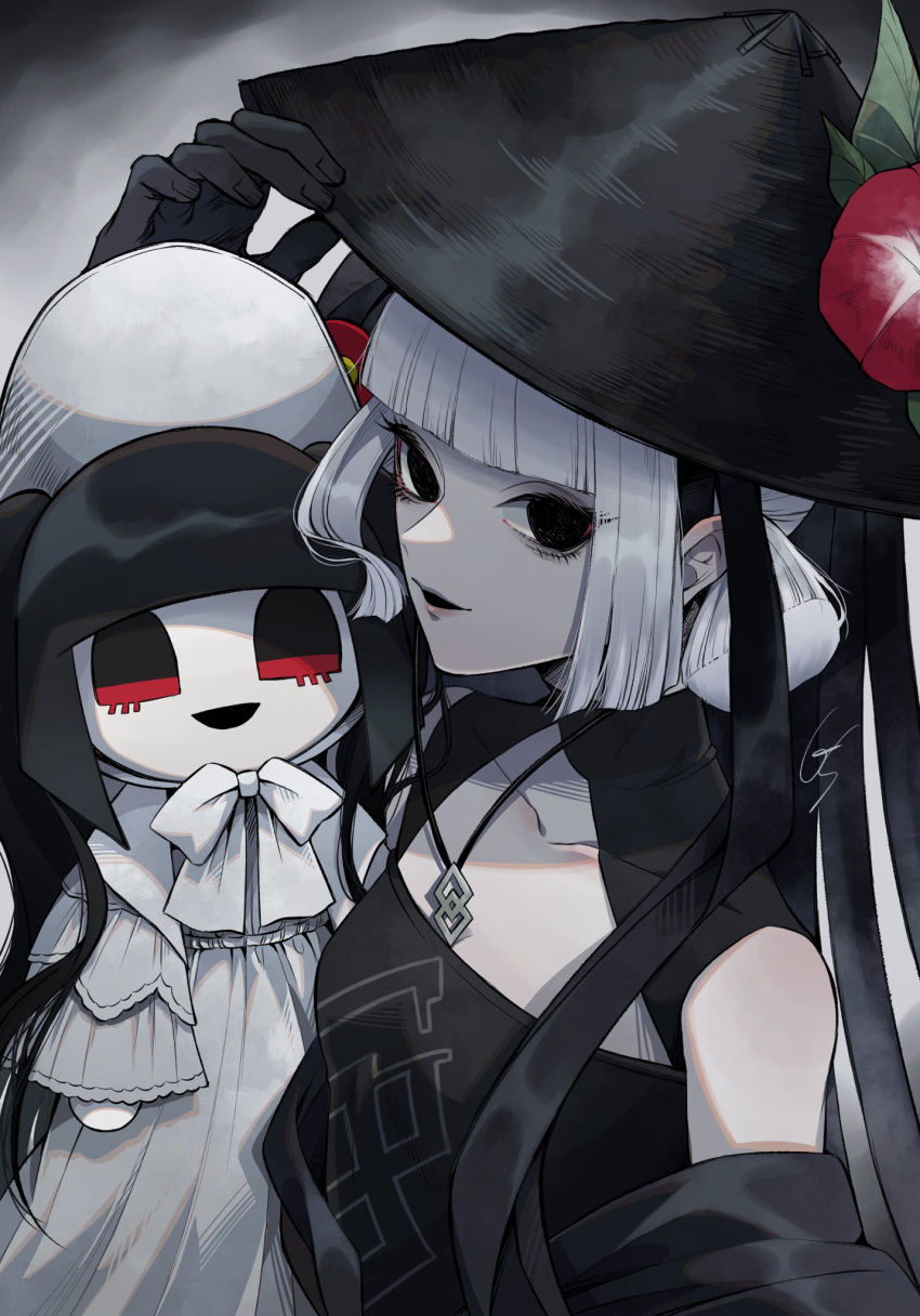1girl, black_eyes, black_gloves, character_doll, fate/grand_order, fate_(series), flower, gloves, grey_hair, gs999000, hat, hat_flower, highres, jingasa, komahime_(fate), low_twintails, sen_no_rikyu_(fate), smile, twintails
