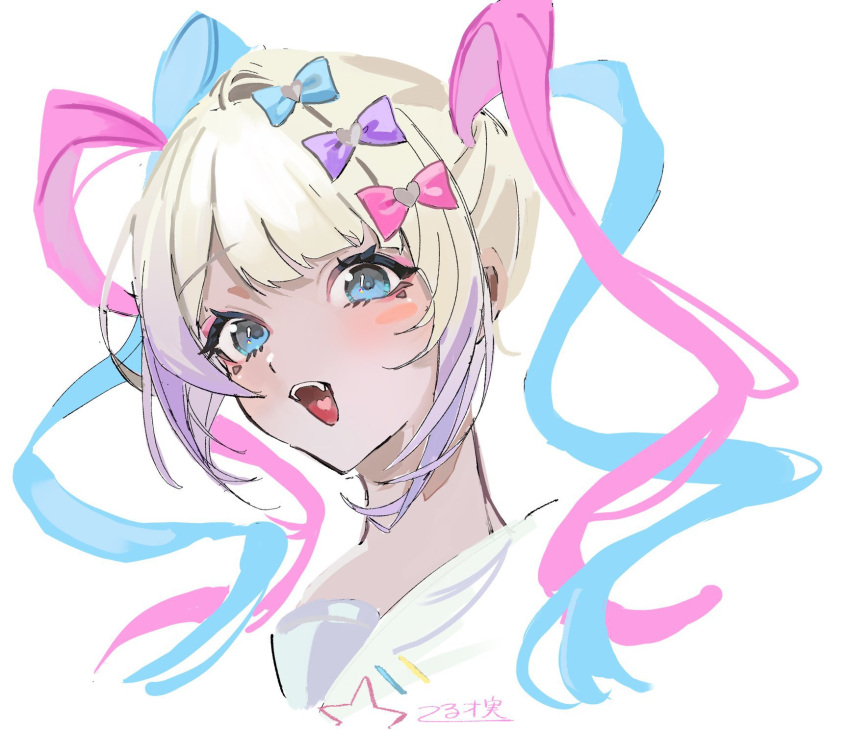 1girl, :d, blonde_hair, blue_bow, blue_eyes, blue_hair, bow, chouzetsusaikawa_tenshi-chan