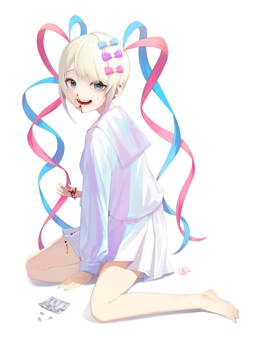1girl, :d, absurdres, barefoot, between_legs, blister_pack, blonde_hair, blood