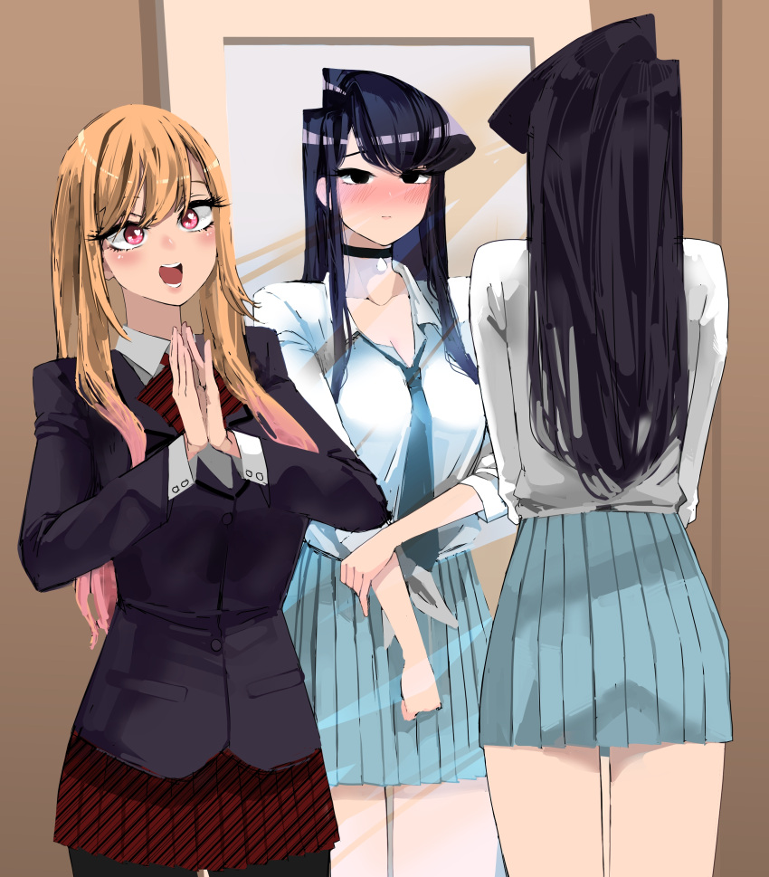 2girls, :d, absurdres, black_choker, black_eyes, black_hair, blonde_hair, blue_necktie