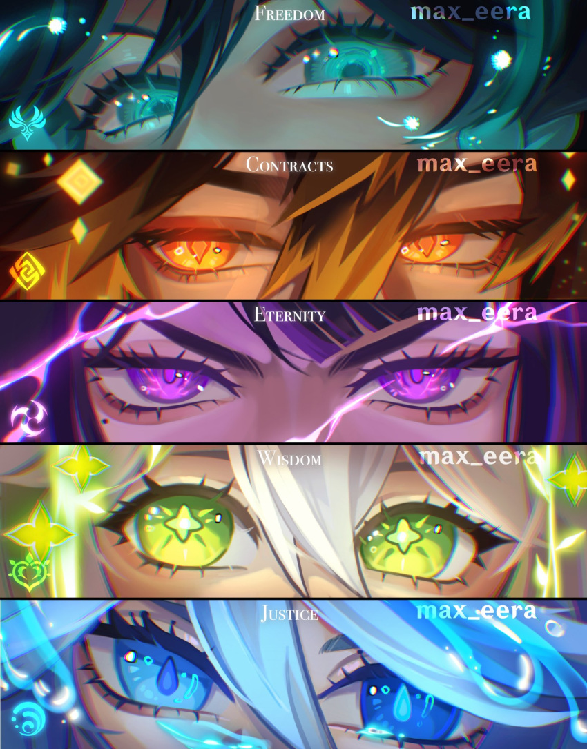 2boys, 3girls, anemo_symbol_(genshin_impact), aqua_eyes, aqua_hair, artist_name, black_hair, blonde_hair