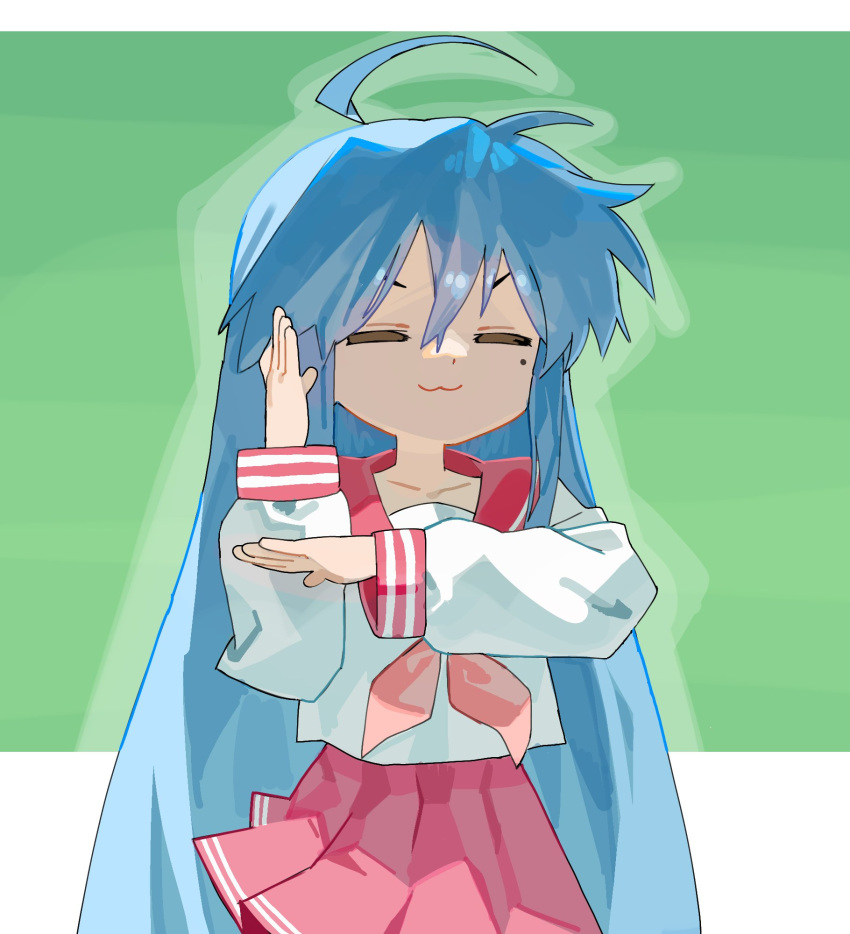 1girl, :3, =_=, ahoge, blue_hair, closed_eyes, closed_mouth, cowboy_shot, facing_viewer, green_background, hair_between_eyes, highres, izumi_konata, jin_(jin_sen0956), long_hair, long_sleeves, lucky_star, mole, mole_under_eye, neckerchief, pink_neckerchief, pink_sailor_collar, pink_skirt, pleated_skirt, puffy_long_sleeves, puffy_sleeves, ryouou_school_uniform, sailor_collar, school_uniform, shirt, skirt, smile, solo, standing, two-tone_background, v-shaped_eyebrows, very_long_hair, white_background, white_shirt