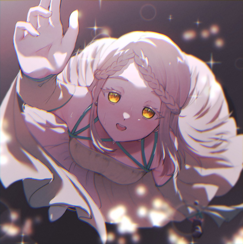 1girl, bare_shoulders, blush, braid, braided_bangs, detached_sleeves, dress, gakuen_idolmaster