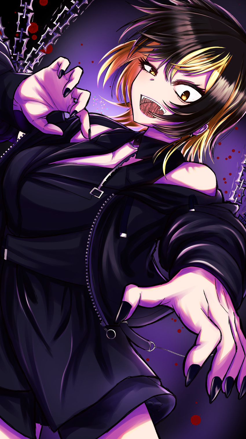 1girl, :o, absurdres, black_hair, black_jacket, black_nails, black_shirt, blonde_hair