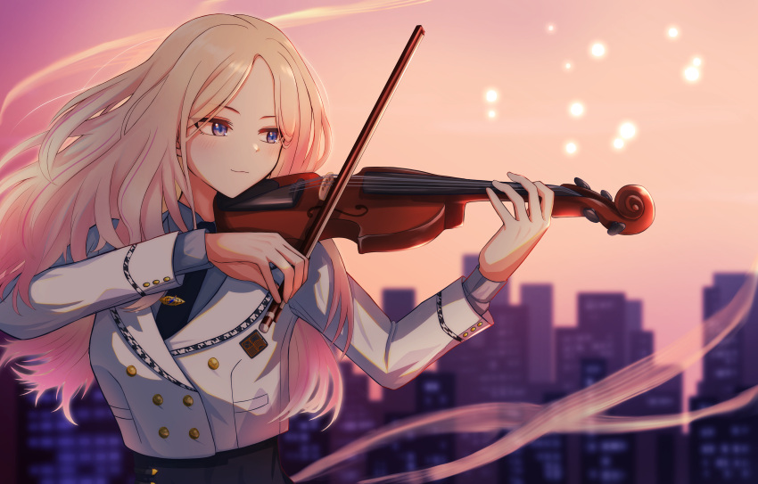 1girl, absurdres, blonde_hair, blue_eyes, blurry, blurry_background, bow_(music), building