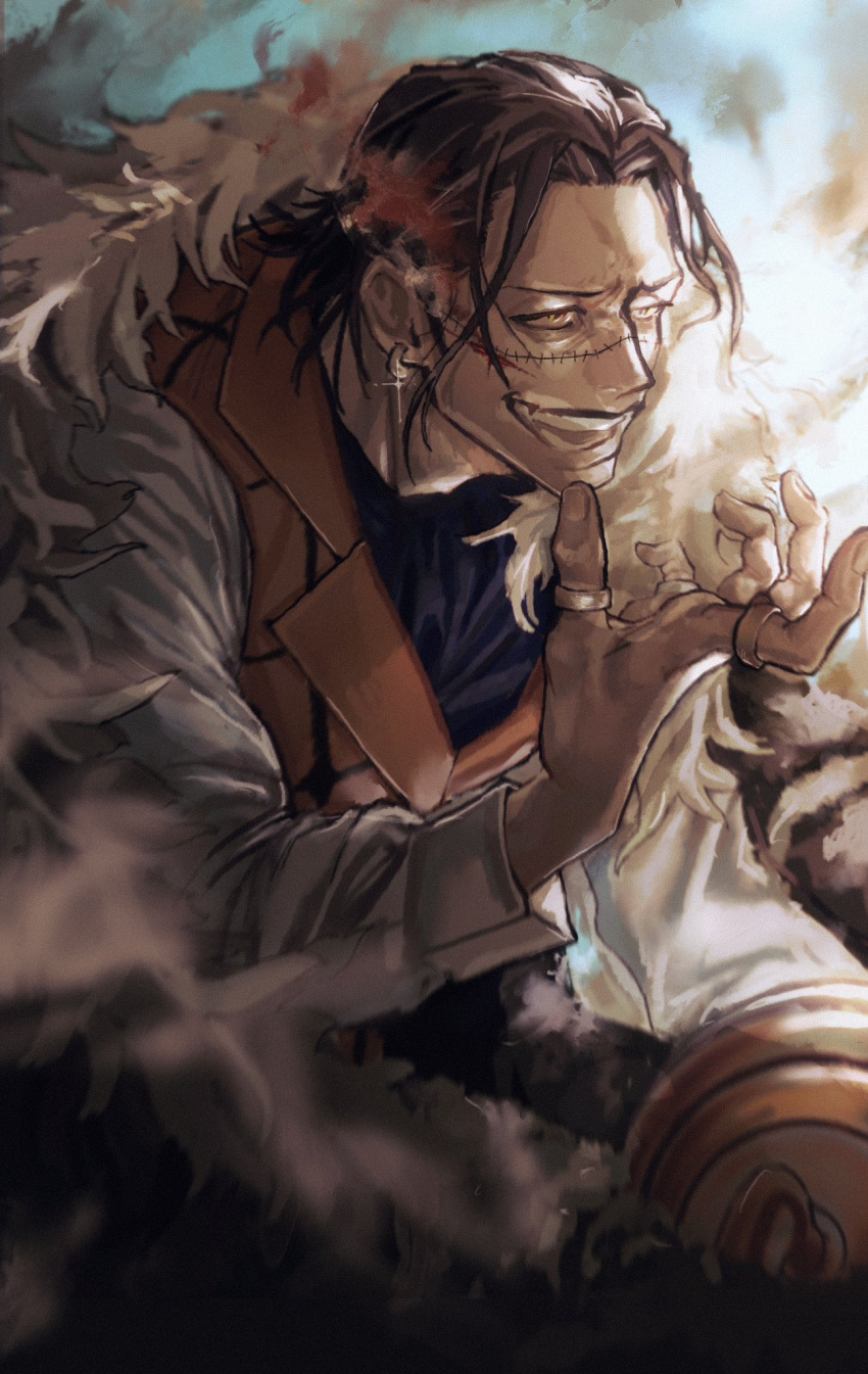 1boy, ascot, black_hair, blue_ascot, coat, coat_on_shoulders, crocodile_(one_piece), earrings