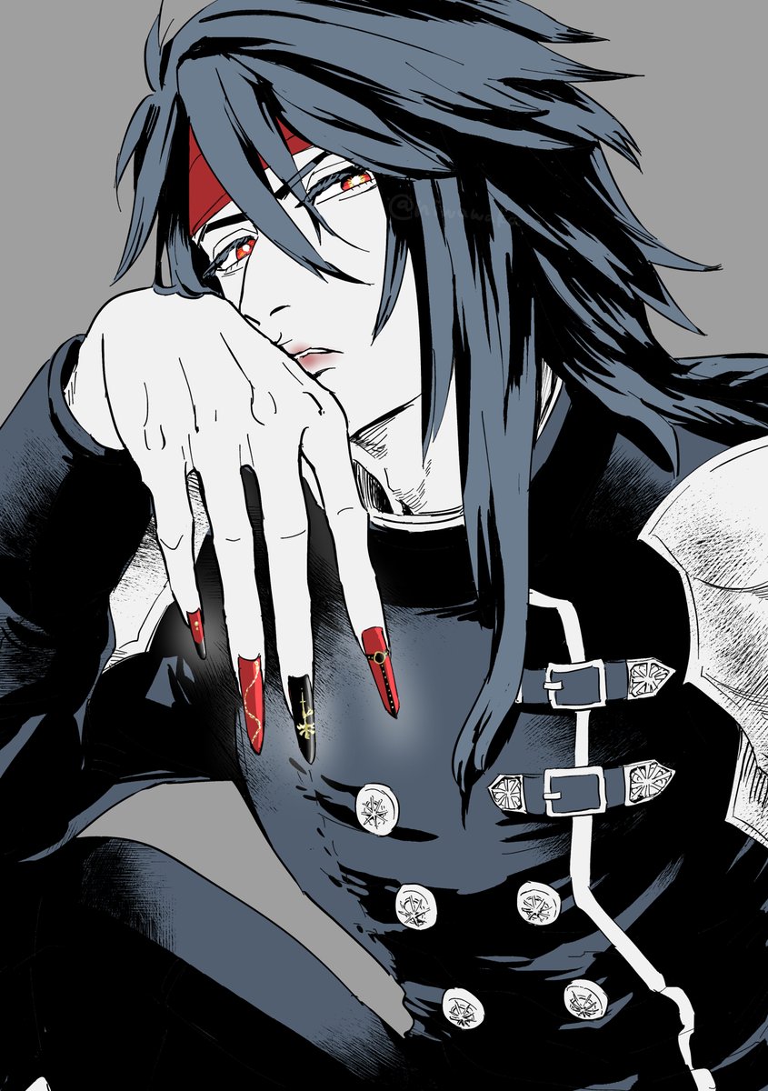 1boy, alternate_nail_color, armor, black_hair, black_jacket, black_pants, bright_pupils, commentary