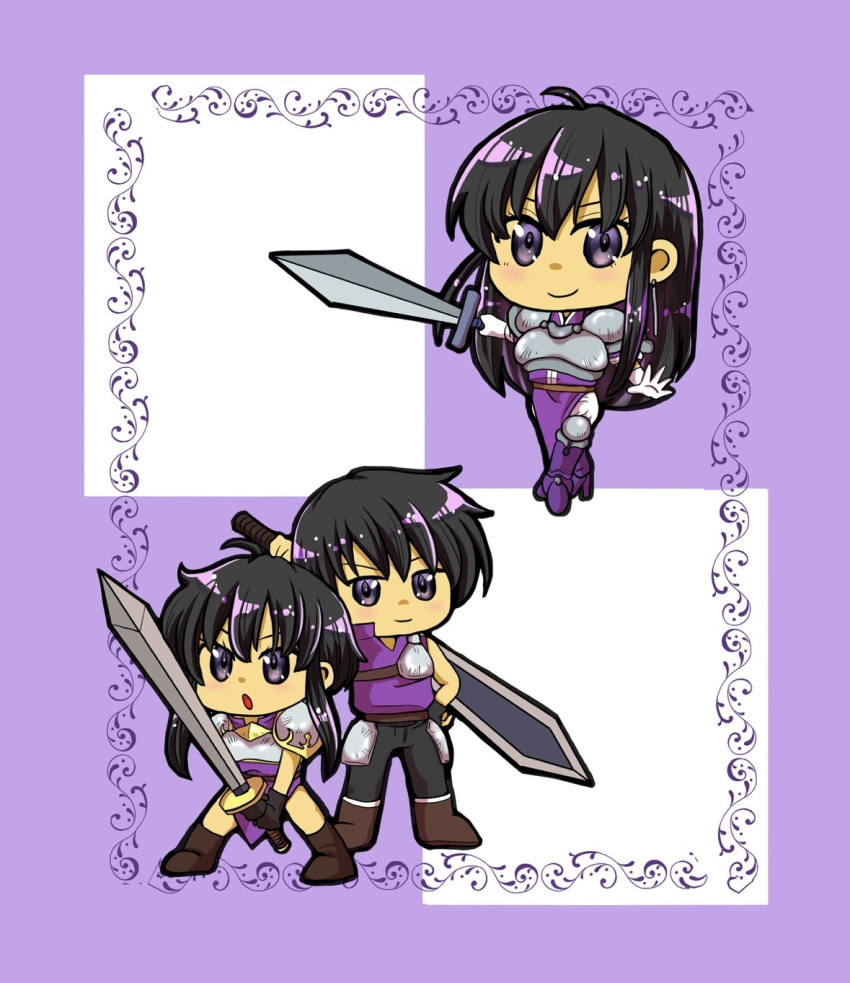 1boy, 2girls, :o, armor, ayra_(fire_emblem), bad_source, black_hair, boots, breastplate, brother_and_sister, chibi, family, fighting_stance, fire_emblem, fire_emblem:_genealogy_of_the_holy_war, gloves, highres, holding, holding_sword, holding_weapon, larcei_(fire_emblem), long_hair, looking_at_viewer, mother_and_daughter, mother_and_son, multiple_girls, okame_inco_feh, purple_tunic, scathach_(fate), short_hair, shoulder_armor, siblings, sidelocks, simple_background, smile, sword, tomboy, tunic, weapon