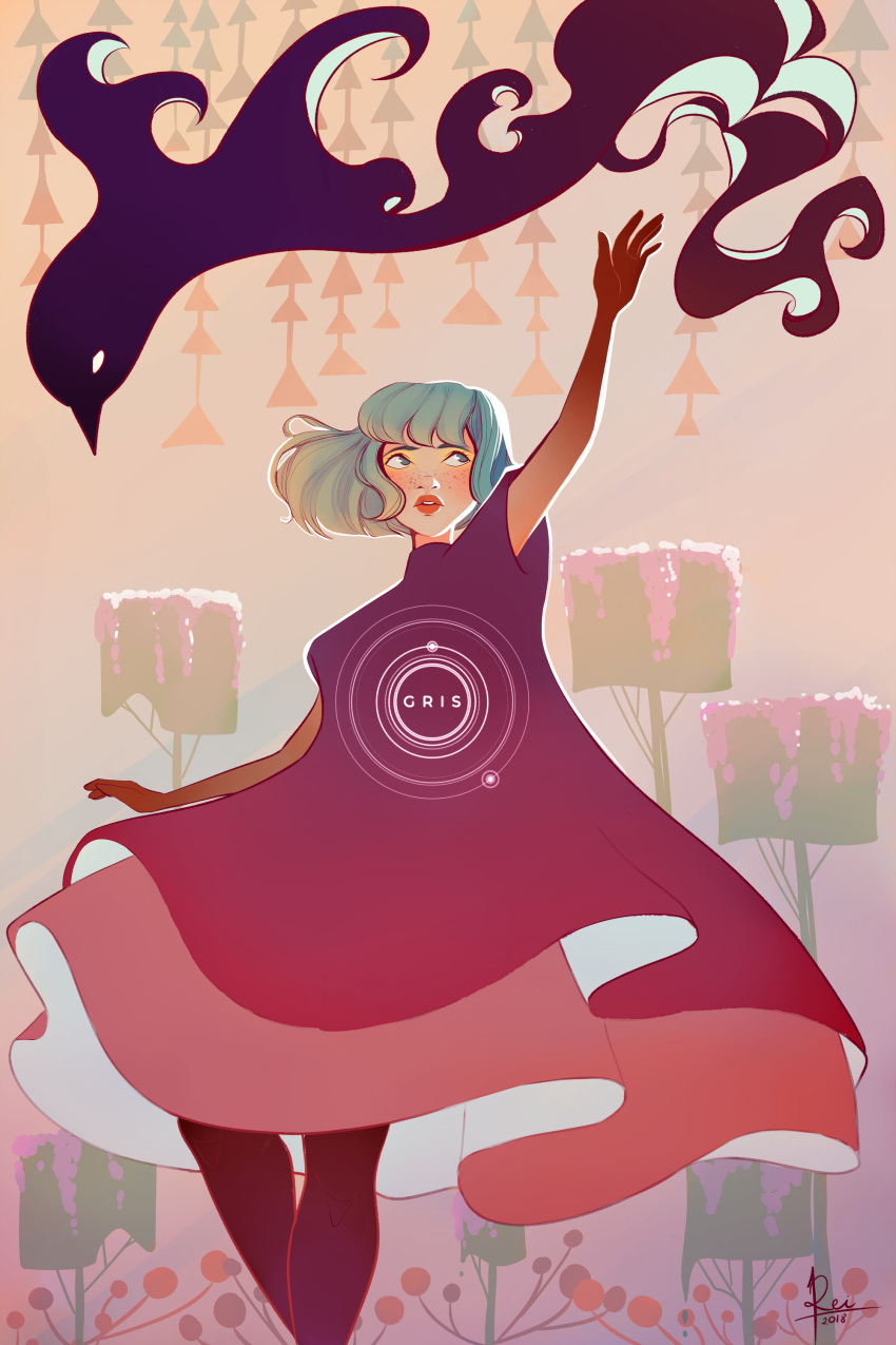 1girl, absurdres, bird, blue_eyes, blue_hair, commentary_request, gris, gris_(character), highres, light_blue_hair, lips, medium_hair, multicolored_hair, nail_polish, open_mouth, parted_lips, profile, purple_hair, rachel12art, sidelocks, solo, tree