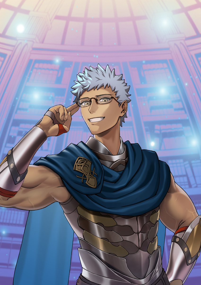 1boy, absurdres, armor, bespectacled, brown_eyes, dark-skinned_male, dark_skin, ebi_(ebi-0111)