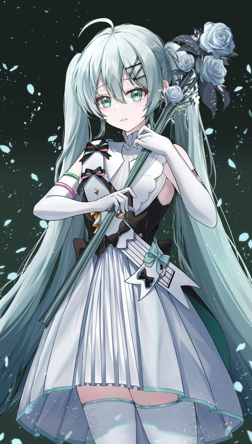 1girl, absurdres, ahoge, aqua_bow, aqua_eyes, aqua_hair, aqua_petals, arin7020, black_bow, blue_flower, blue_rose, bodice, bow, collar, dress, elbow_gloves, english_commentary, eyelashes, flower, gloves, hair_between_eyes, hair_ornament, hand_up, hatsune_miku, highres, holding, holding_flower, long_hair, looking_at_viewer, miku_symphony_(vocaloid), parted_lips, rose, shoulder_tattoo, sidelocks, solo, standing, tattoo, thigh-highs, twintails, very_long_hair, vocaloid, white_collar, white_dress, white_gloves, white_thighhighs, x_hair_ornament